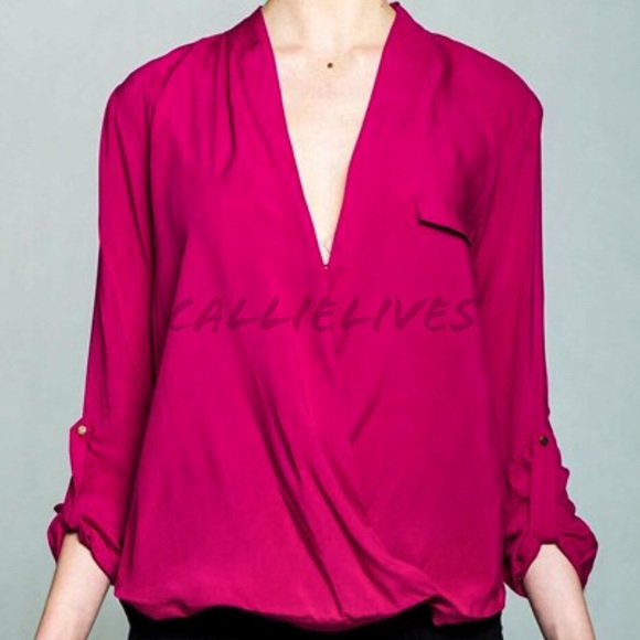 Elaine Wrap it Up: Magenta Pink Plunge Work Blouse - Picture 6 of 8